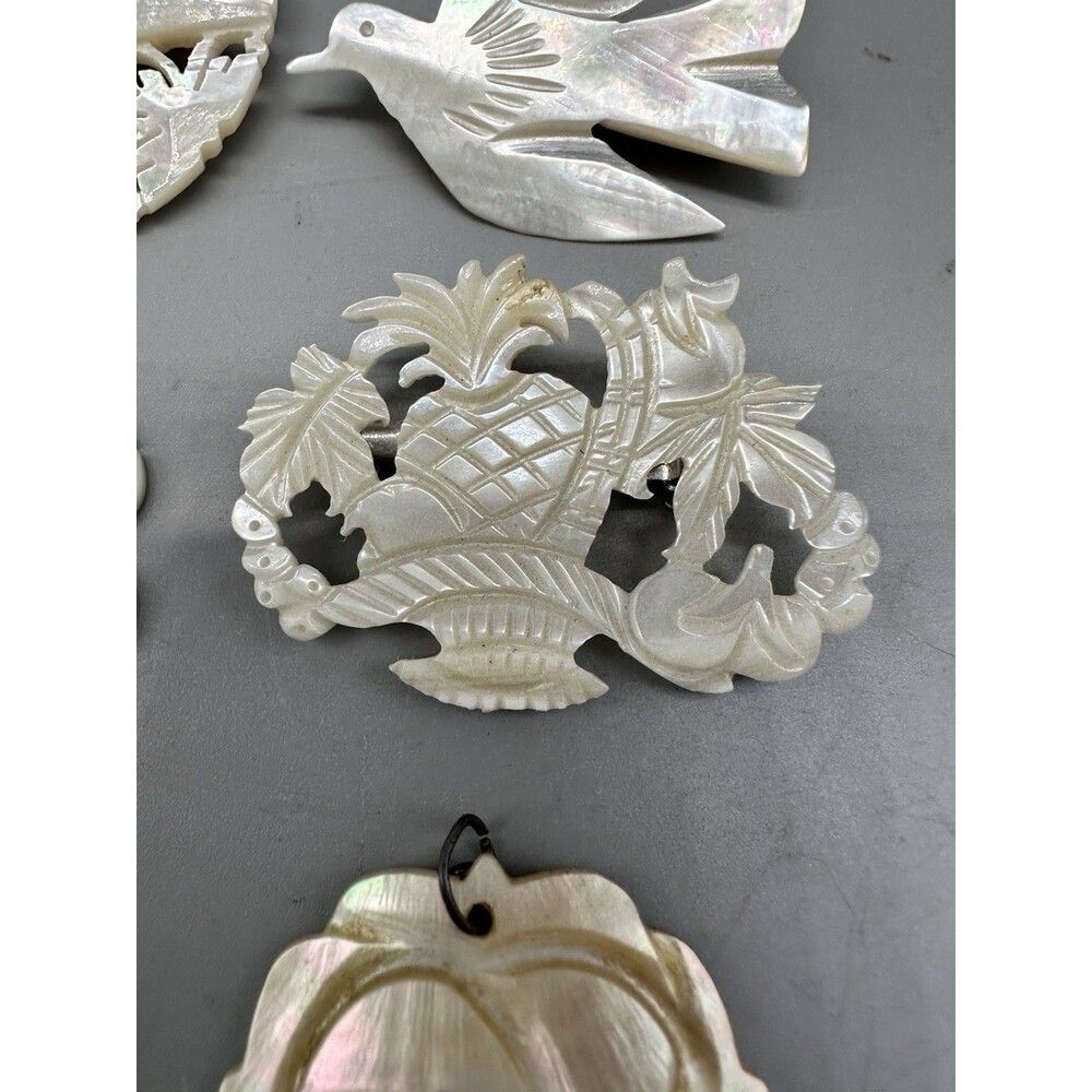 Carved MOP Pomegranate Cross Bird Flower Brooch Pendant Mother of Pearl Lot